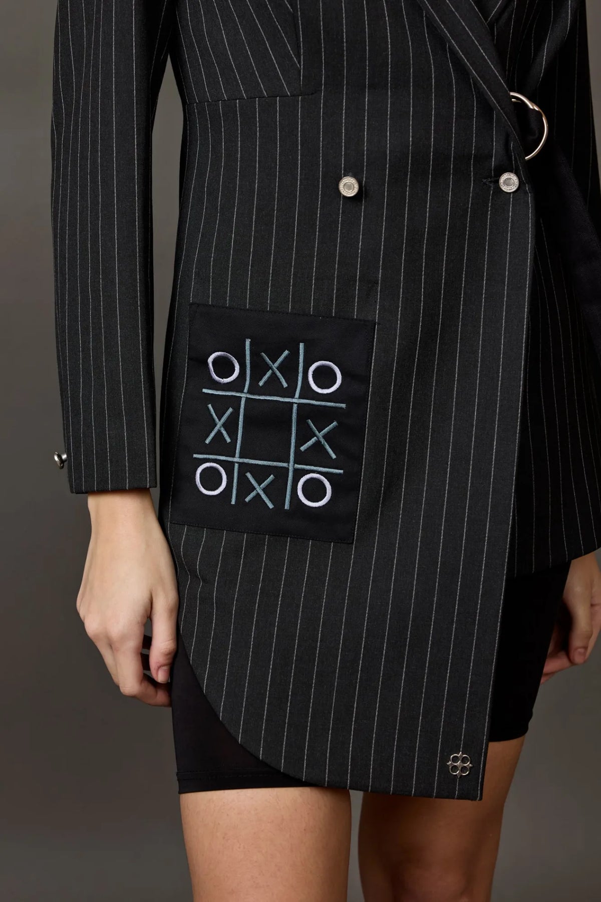 Grey Asymmetrical Blazer with Tic Tac Toe Pocket Details