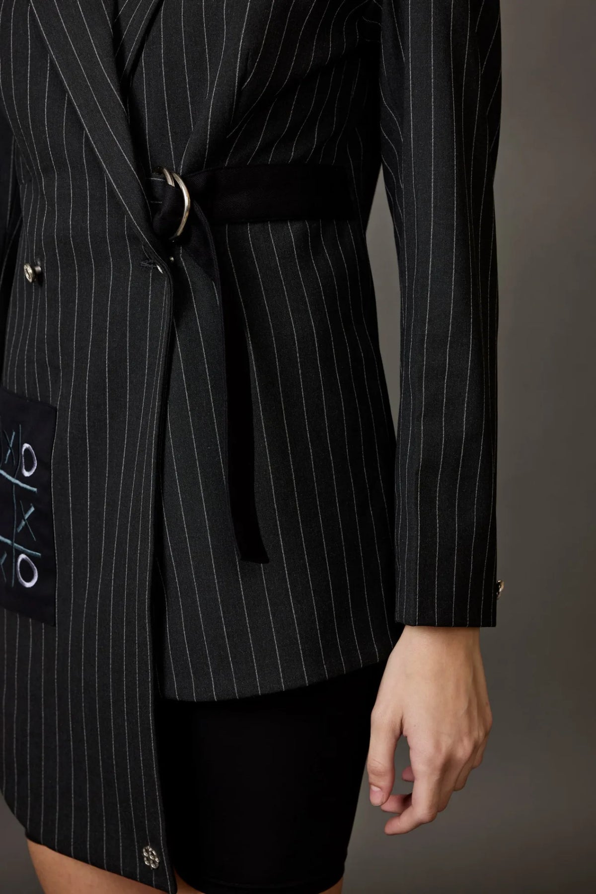 Grey Asymmetrical Blazer with Tic Tac Toe Pocket Details