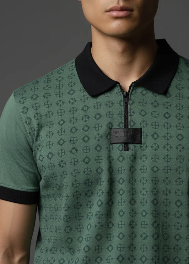 Green all over print Polo Shirt and zipper
