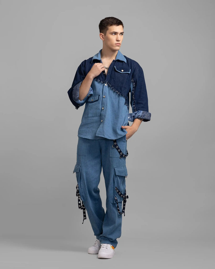 Multi Pocket Blue Denim Cargo Pants