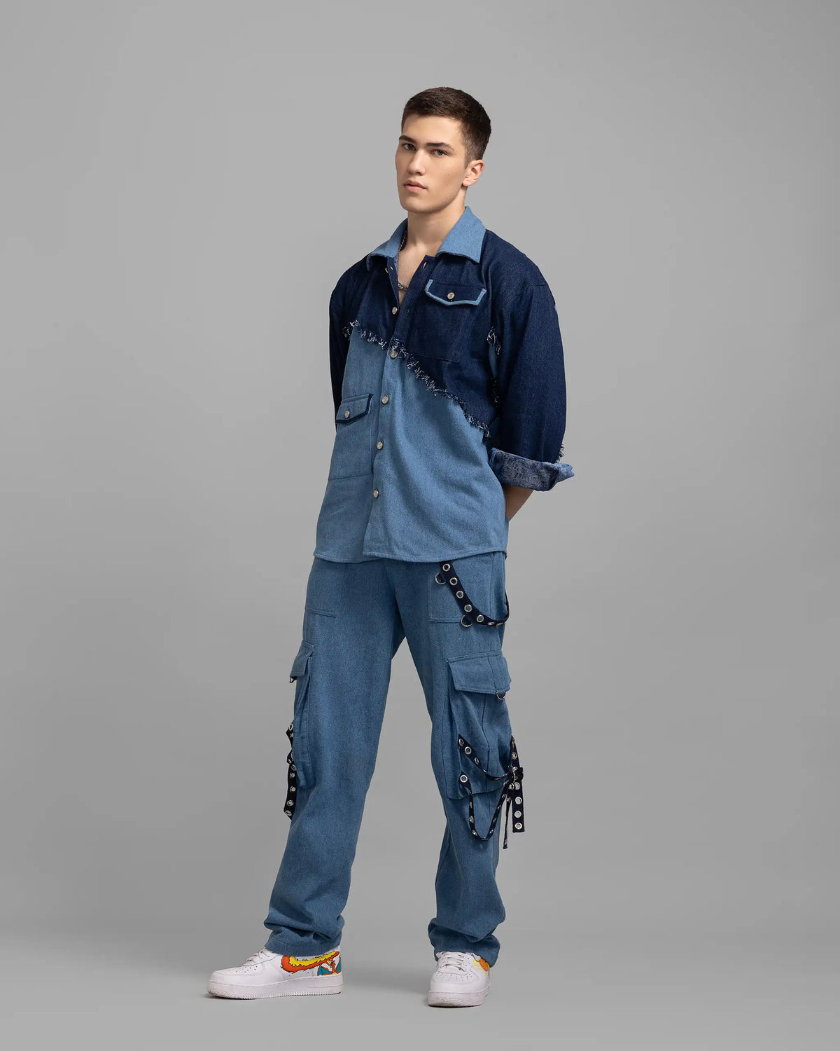 Multi Pocket Blue Denim Cargo Pants