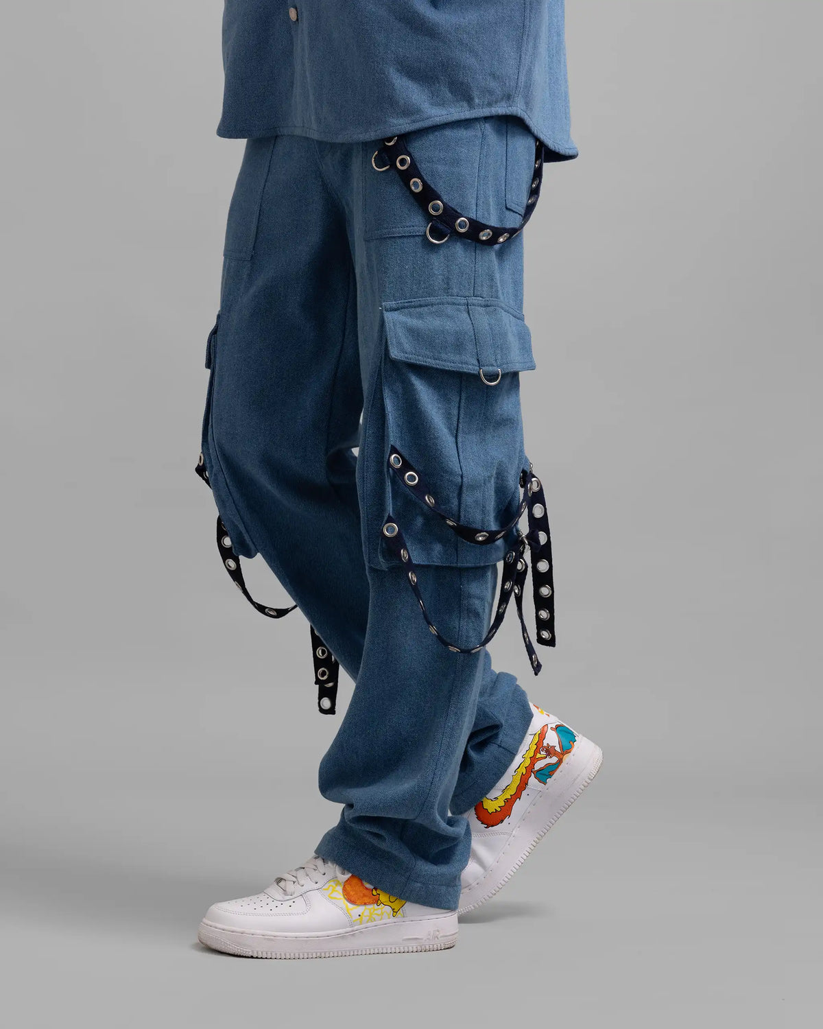 Multi Pocket Blue Denim Cargo Pants