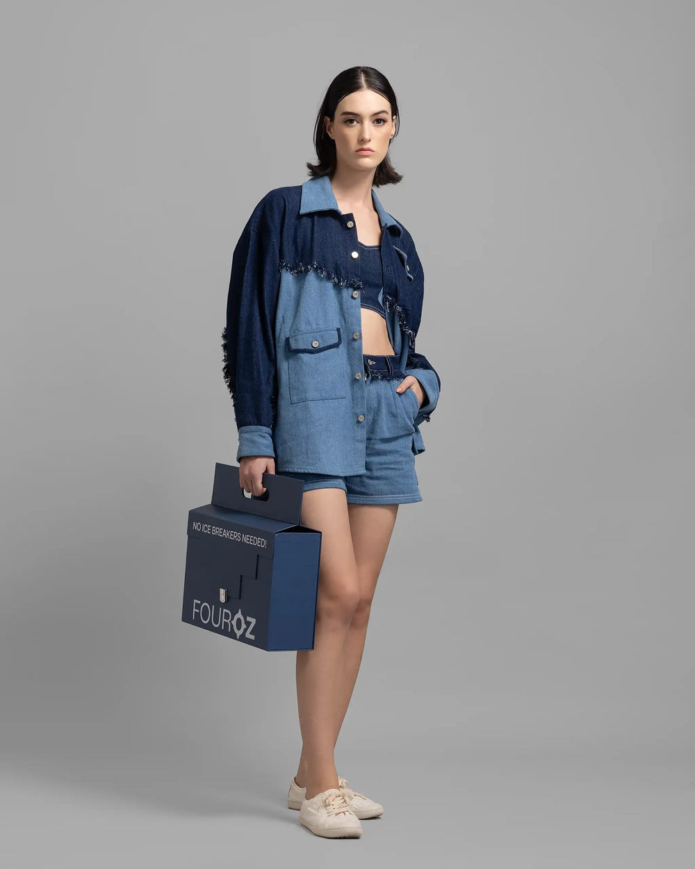 Two-Tone Blue Denim Patched Oversized Shacket
