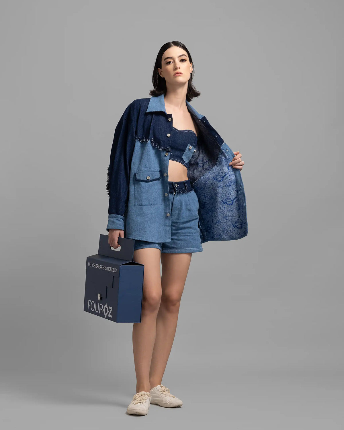 Two-Tone Blue Denim Patched Oversized Shacket