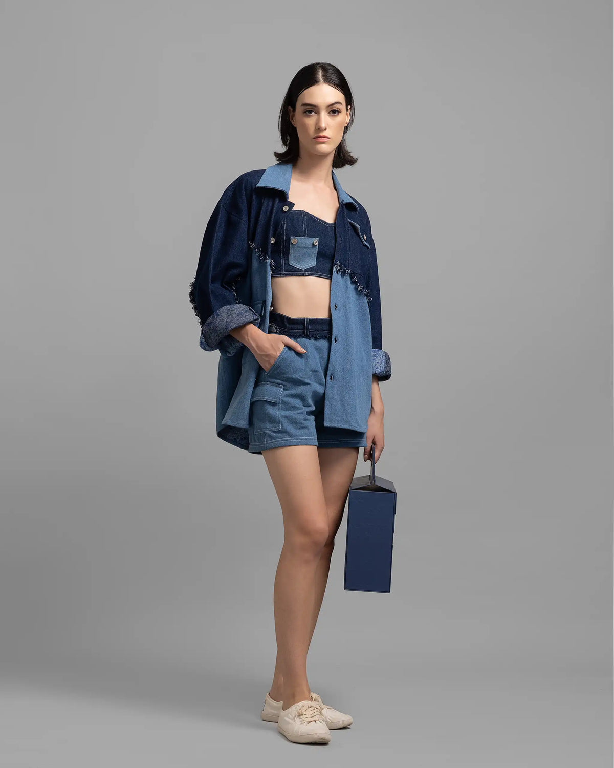 Two-Tone Blue Denim Patched Oversized Shacket