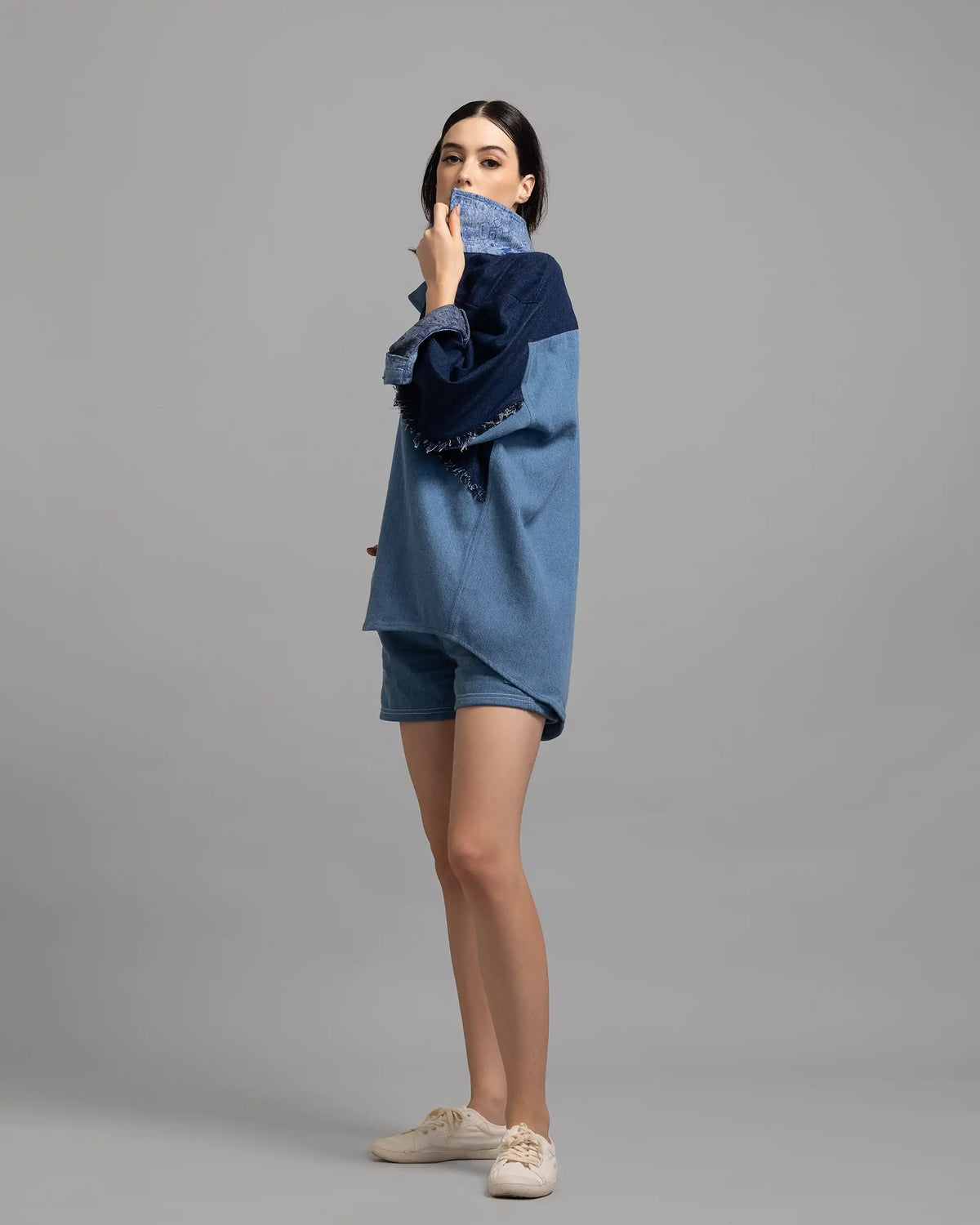 Two-Tone Blue Denim Patched Oversized Shacket