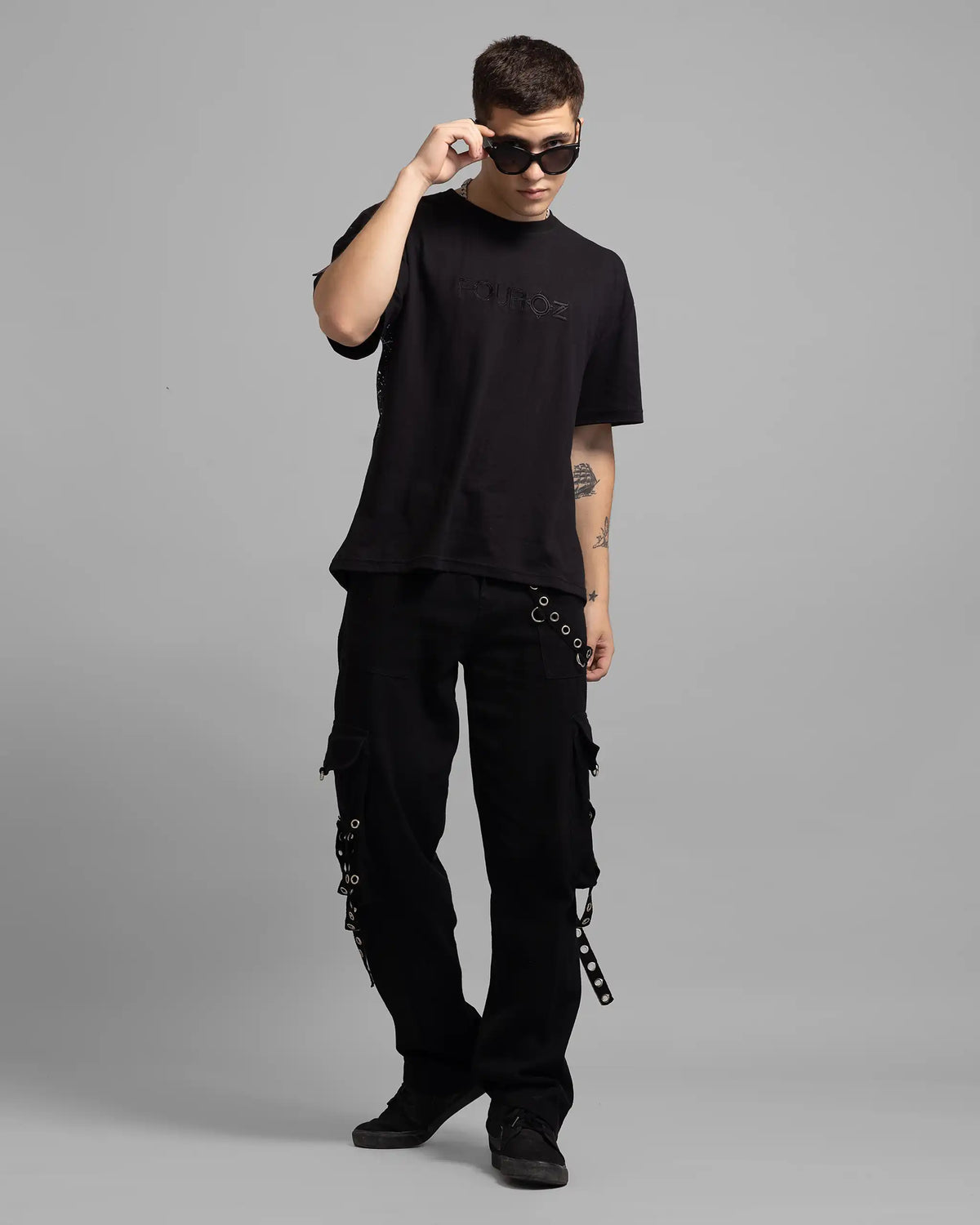 Multi Pocket Black Denim Cargo Pants