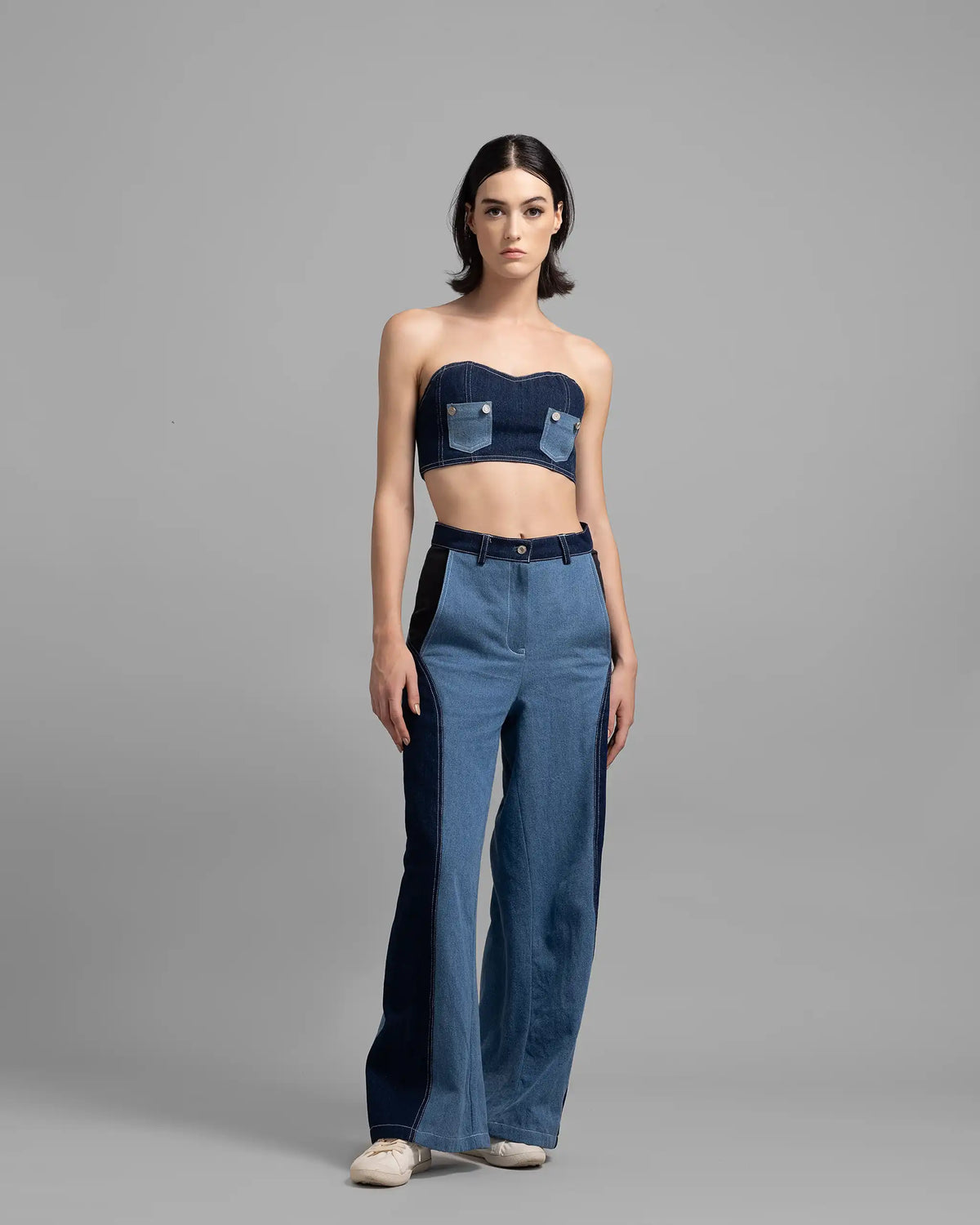 Two-Tone High Rise Straight Fit Blue Denim Jeans