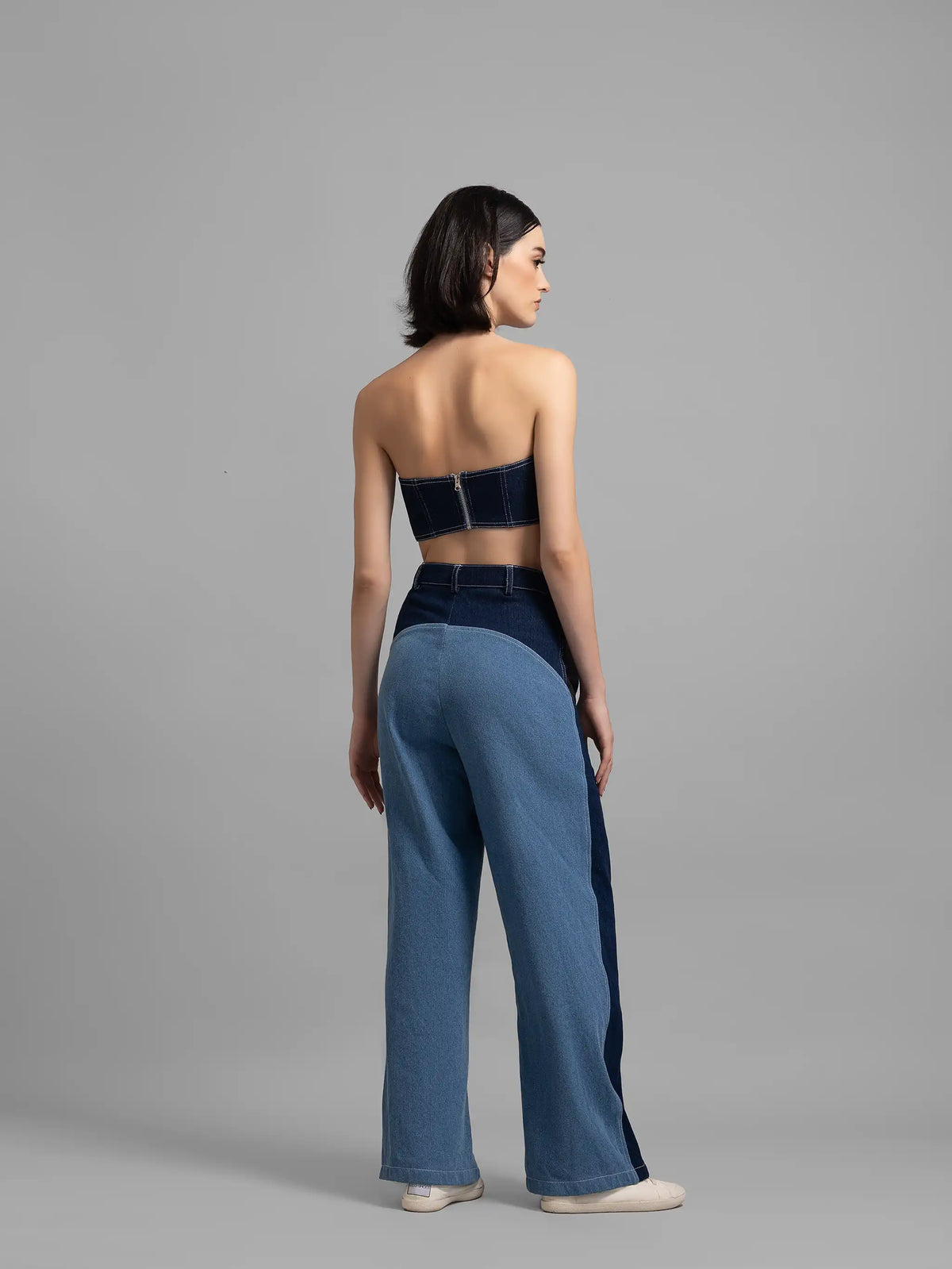 Two-Tone High Rise Straight Fit Blue Denim Jeans