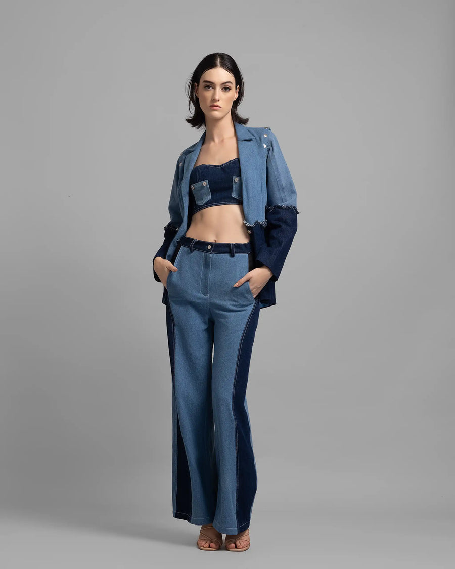 Two-Tone High Rise Straight Fit Blue Denim Jeans