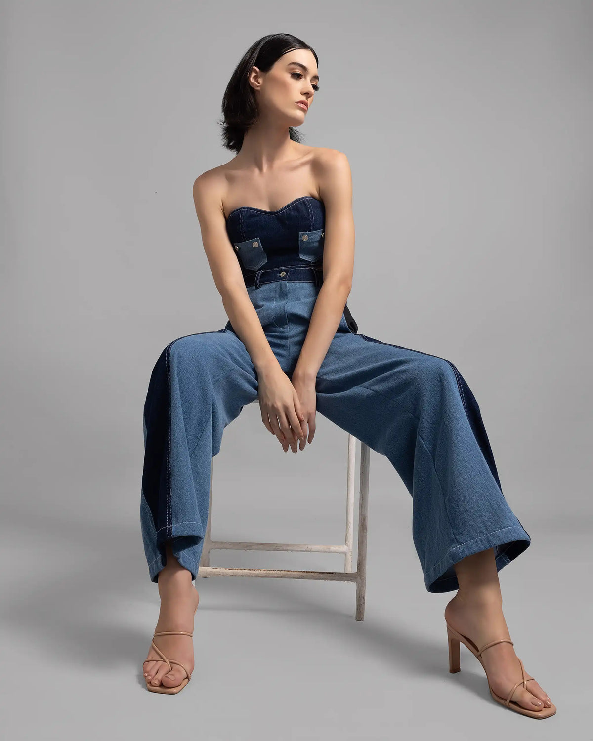 Two-Tone High Rise Straight Fit Blue Denim Jeans