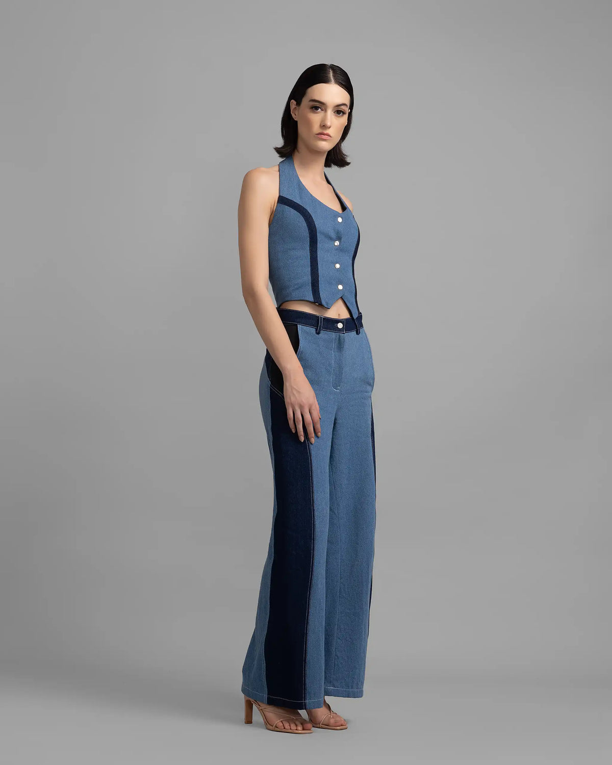Two-Tone High Rise Straight Fit Blue Denim Jeans