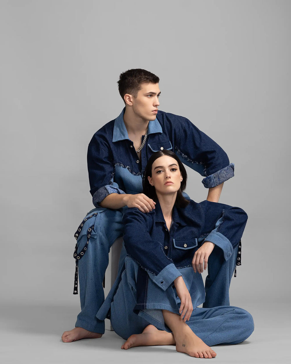 Two-Tone Blue Denim Patched Oversized Shacket