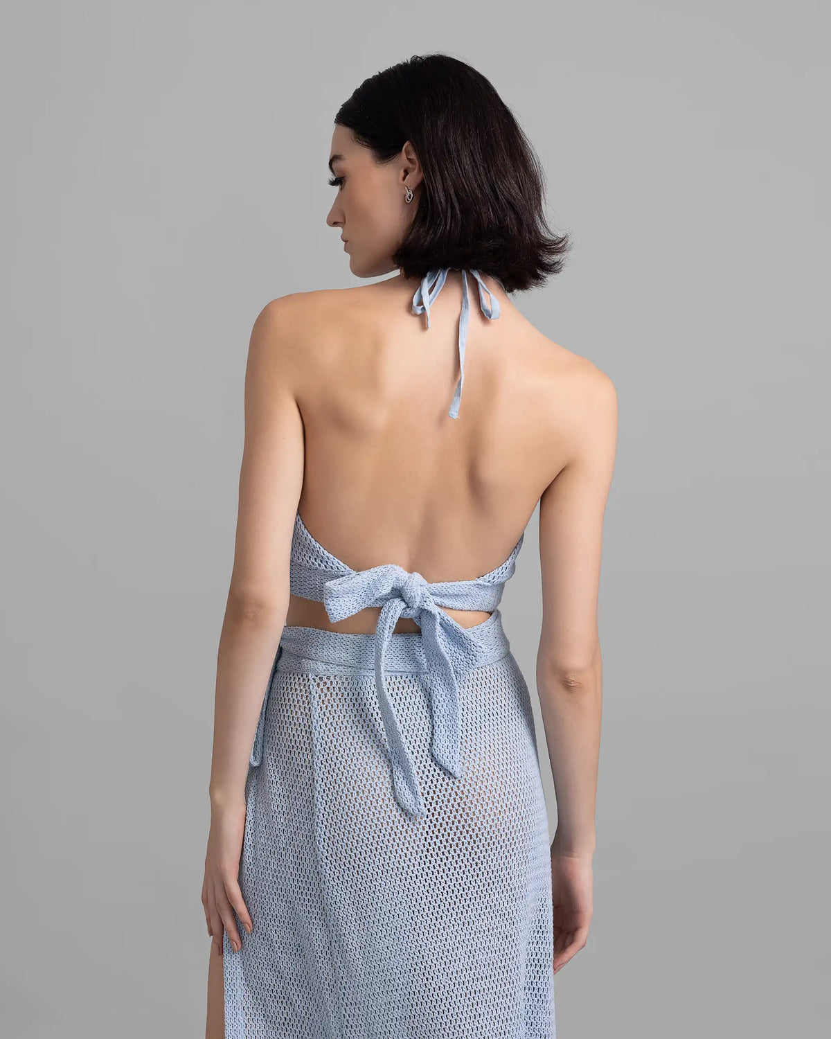 Blue Mesh Three Way Tie Crop Top