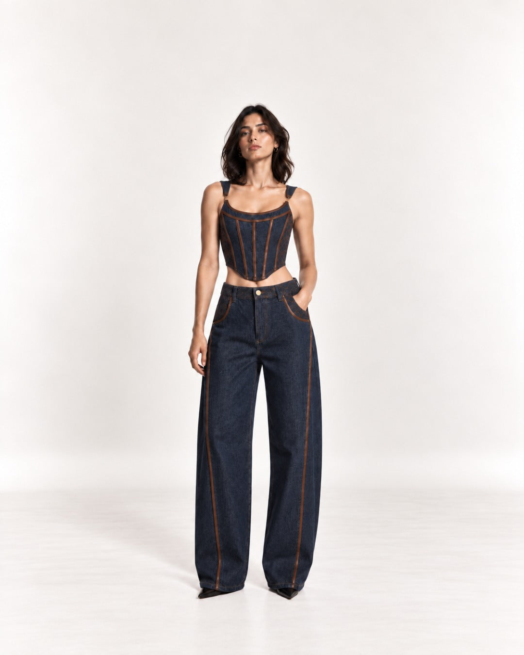 Blue and Brown Denim Barrel Pants