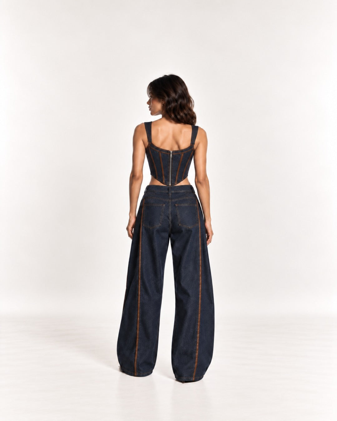 Blue and Brown Denim Barrel Pants
