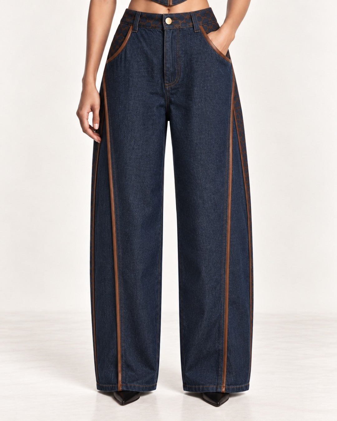 Blue and Brown Denim Barrel Pants