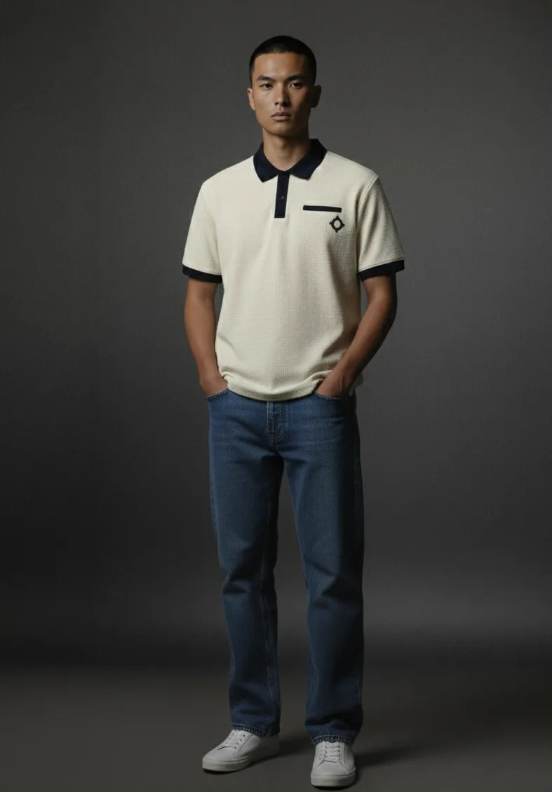 Beige and Contrast Blue Polo Shirt