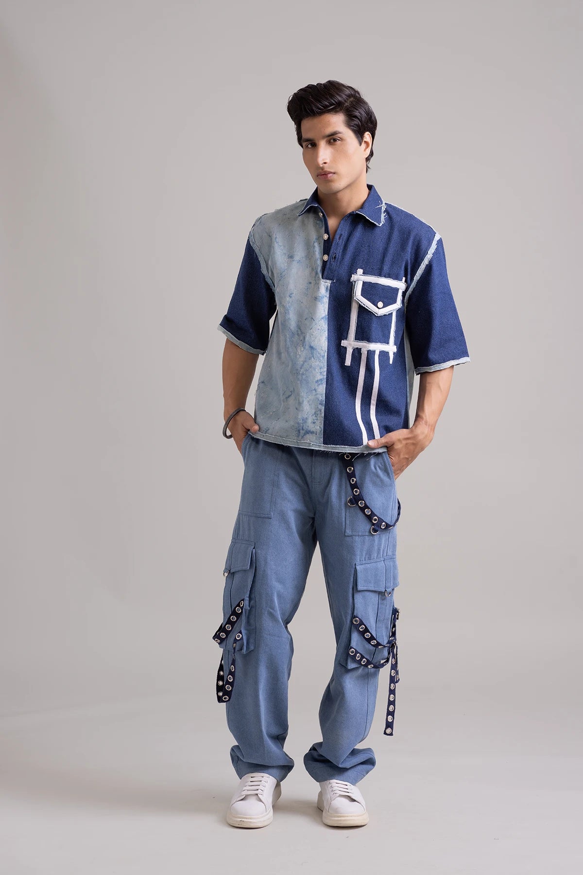 Two-Tone Blue Denim Polo Shirt