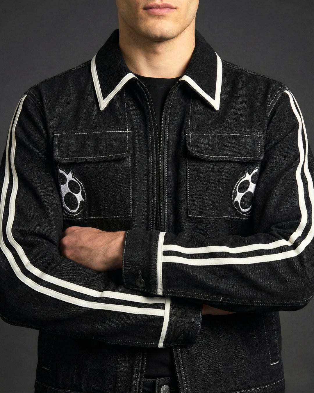 Black Contrast Stripe Denim Jacket