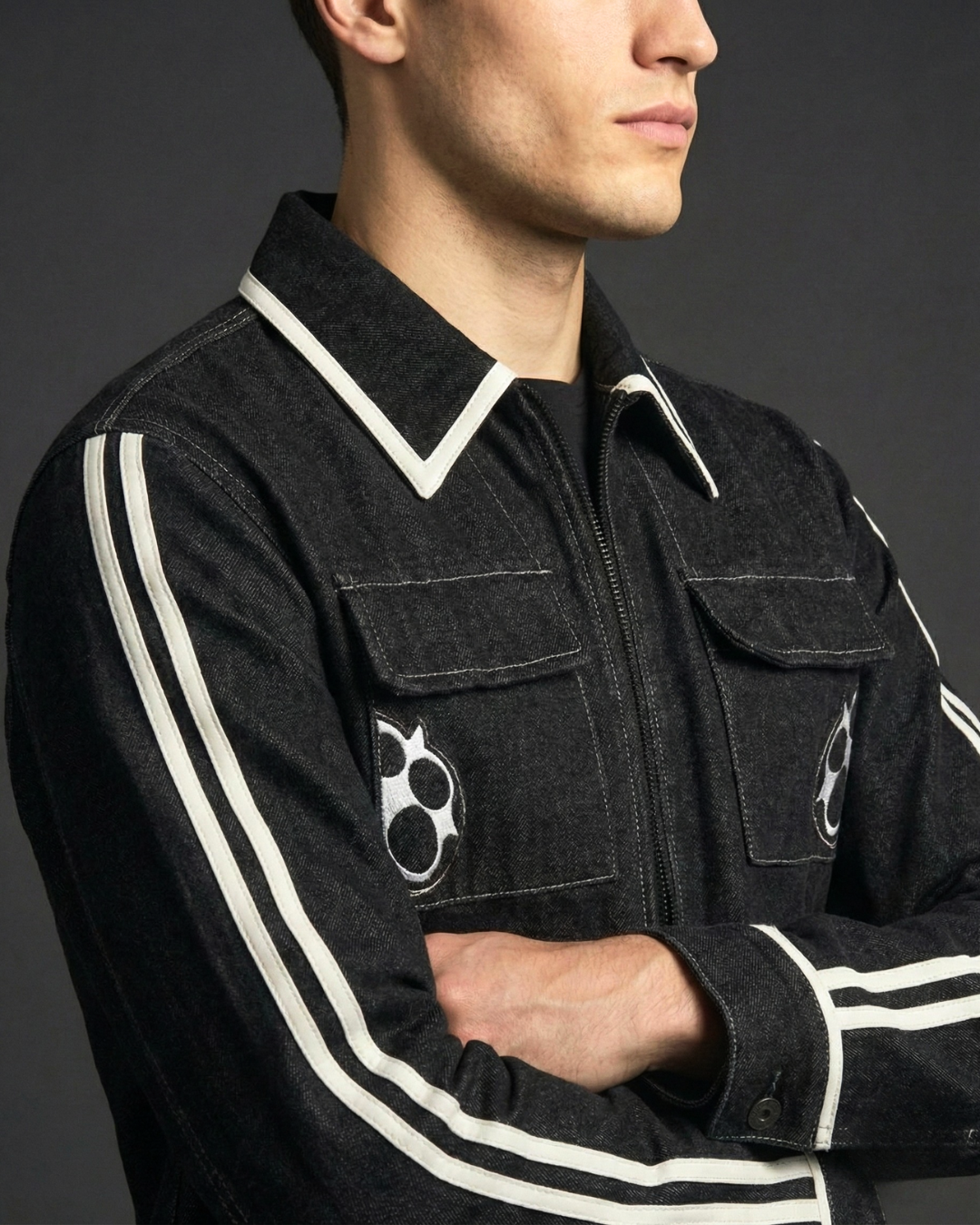 Black Contrast Stripe Denim Jacket