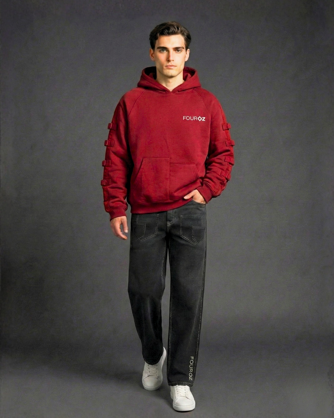 Red Oversized Hoodie with Strap Details