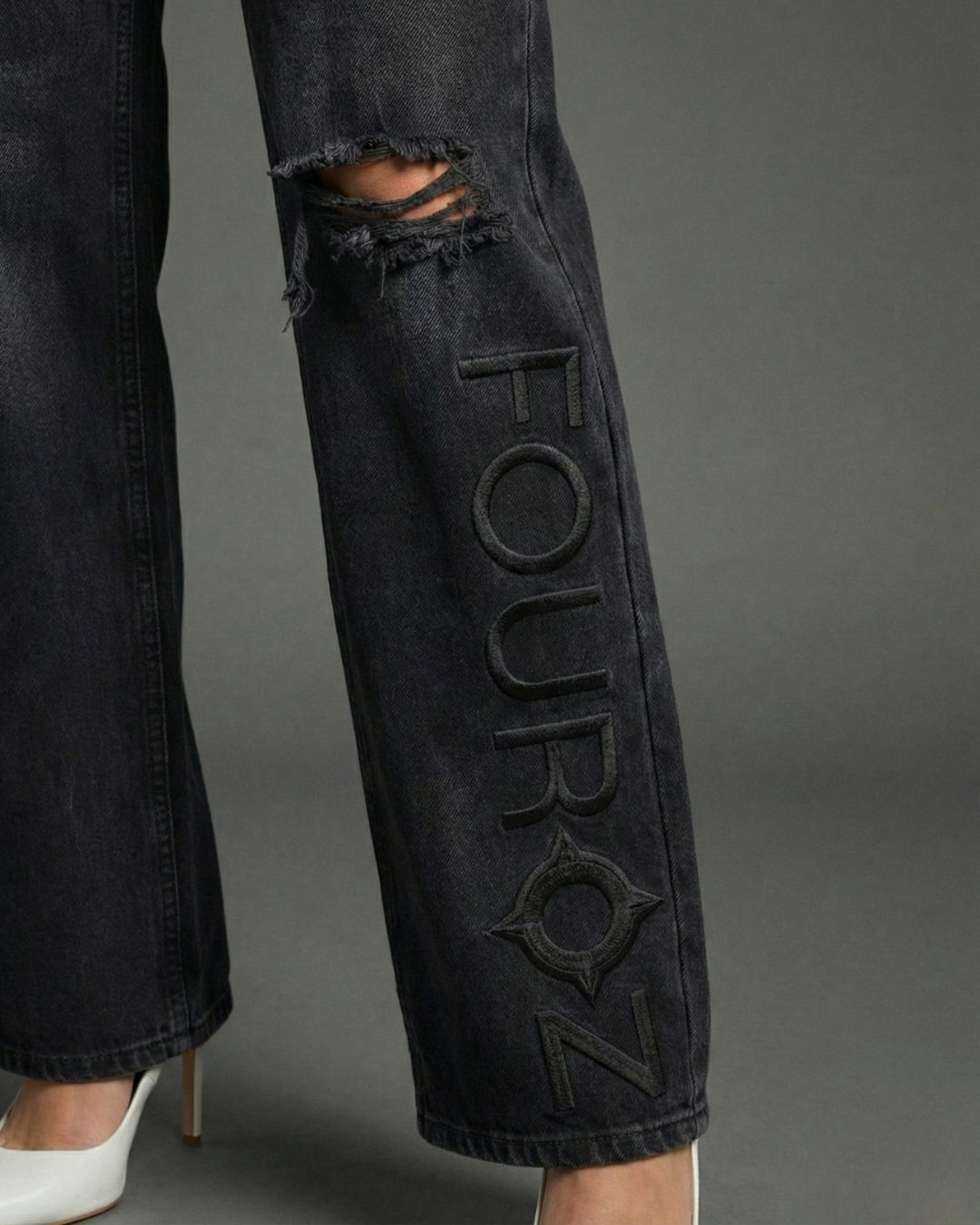 Black Straight Leg Fouroz Detail Denim Pants