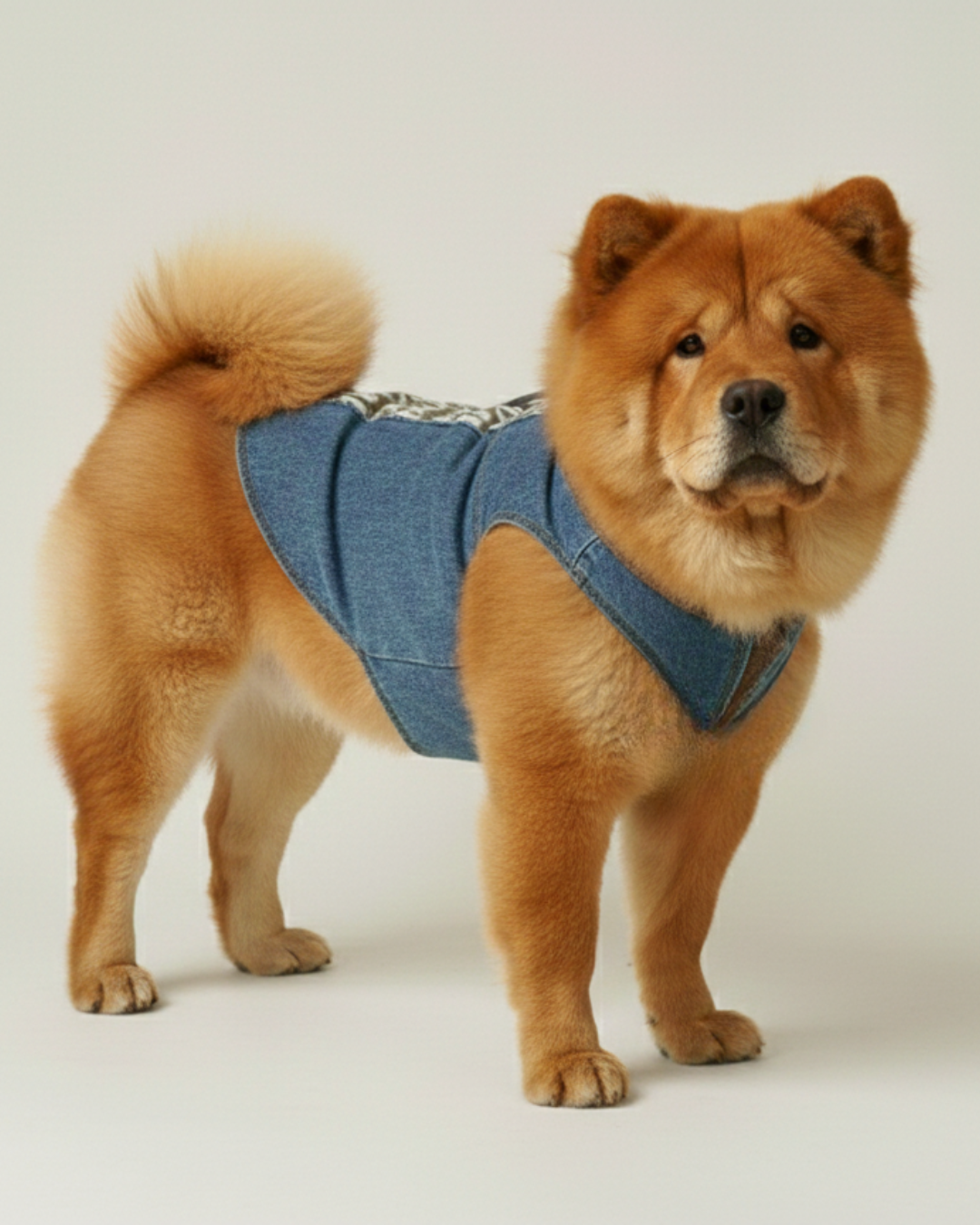 Beige Printed Side Panel Denim Dog Jacket and Bandana Set