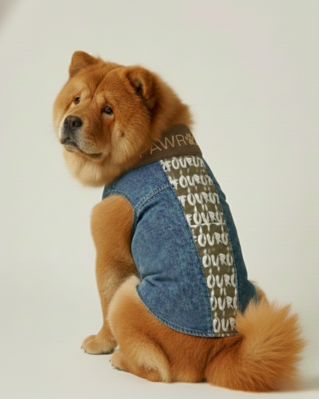 Beige Printed Side Panel Denim Dog Jacket and Bandana Set