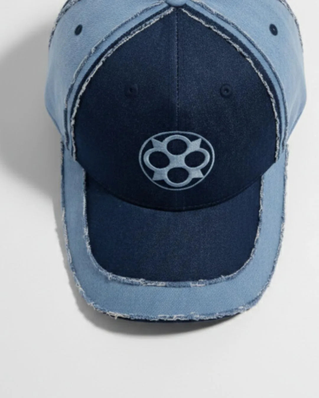 FOUROZ Distressed Denim Panel Cap – unisex denim cap – top view