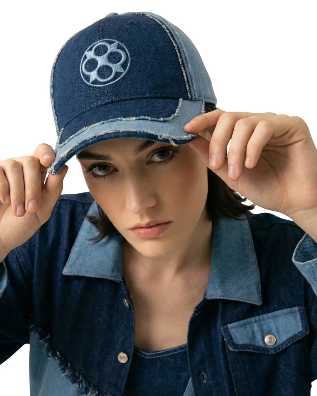 FOUROZ Distressed Denim Panel Cap – on model