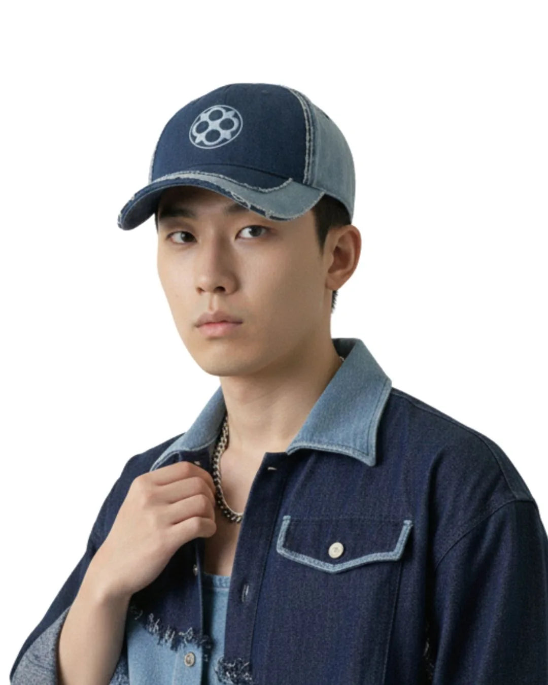 FOUROZ Distressed Denim Panel Cap – on model