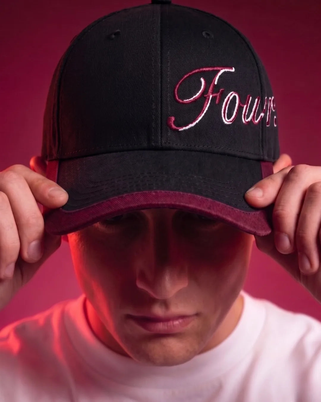 Red Flame Typography Black Cap – FOUROZ script cap on model – front view