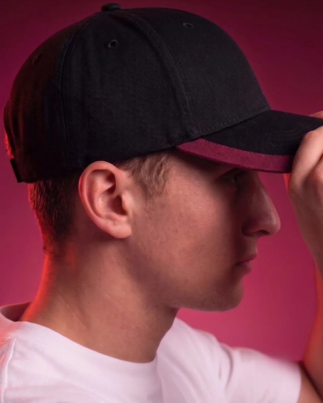 Red Flame Typography Black Cap – FOUROZ unisex cap – side profile on model