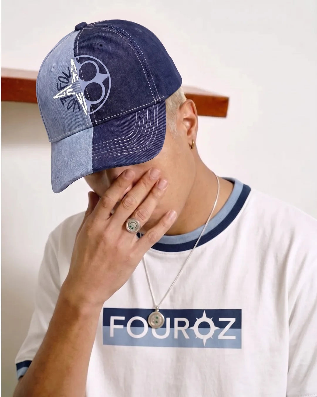 Split Two Tone Denim Graphic Cap – FOUROZ unisex denim cap – on model
