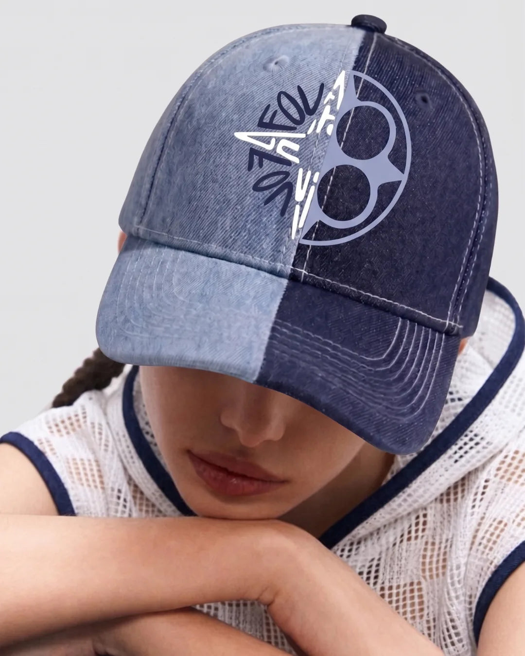 Split Two Tone Denim Graphic Cap – FOUROZ unisex denim cap – graphic detail