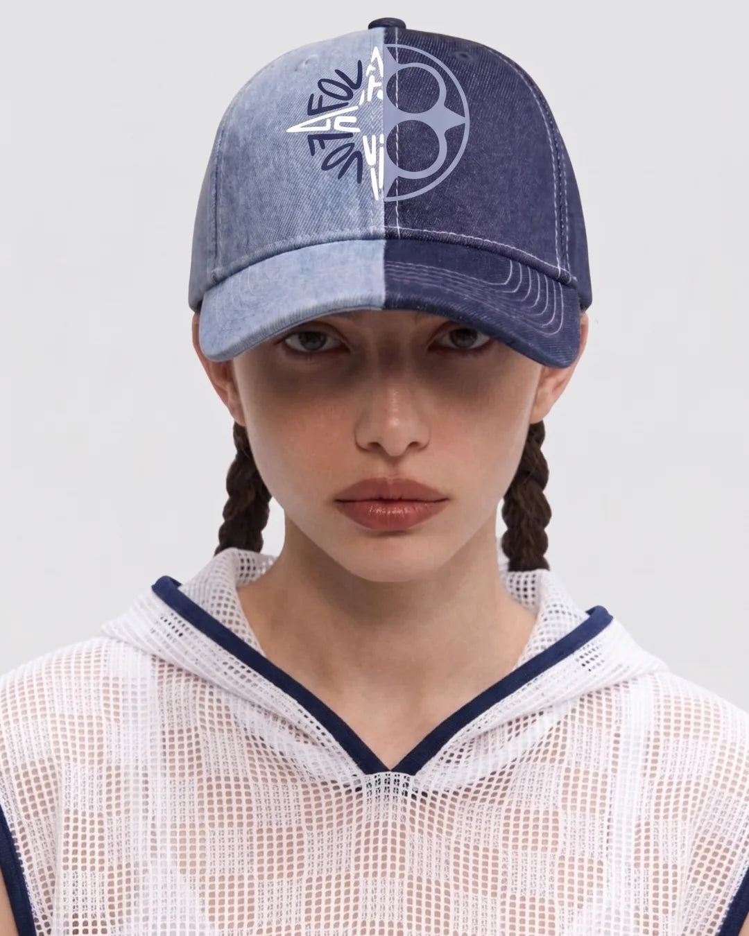 Split Two Tone Denim Graphic Cap – FOUROZ cap on model – front view